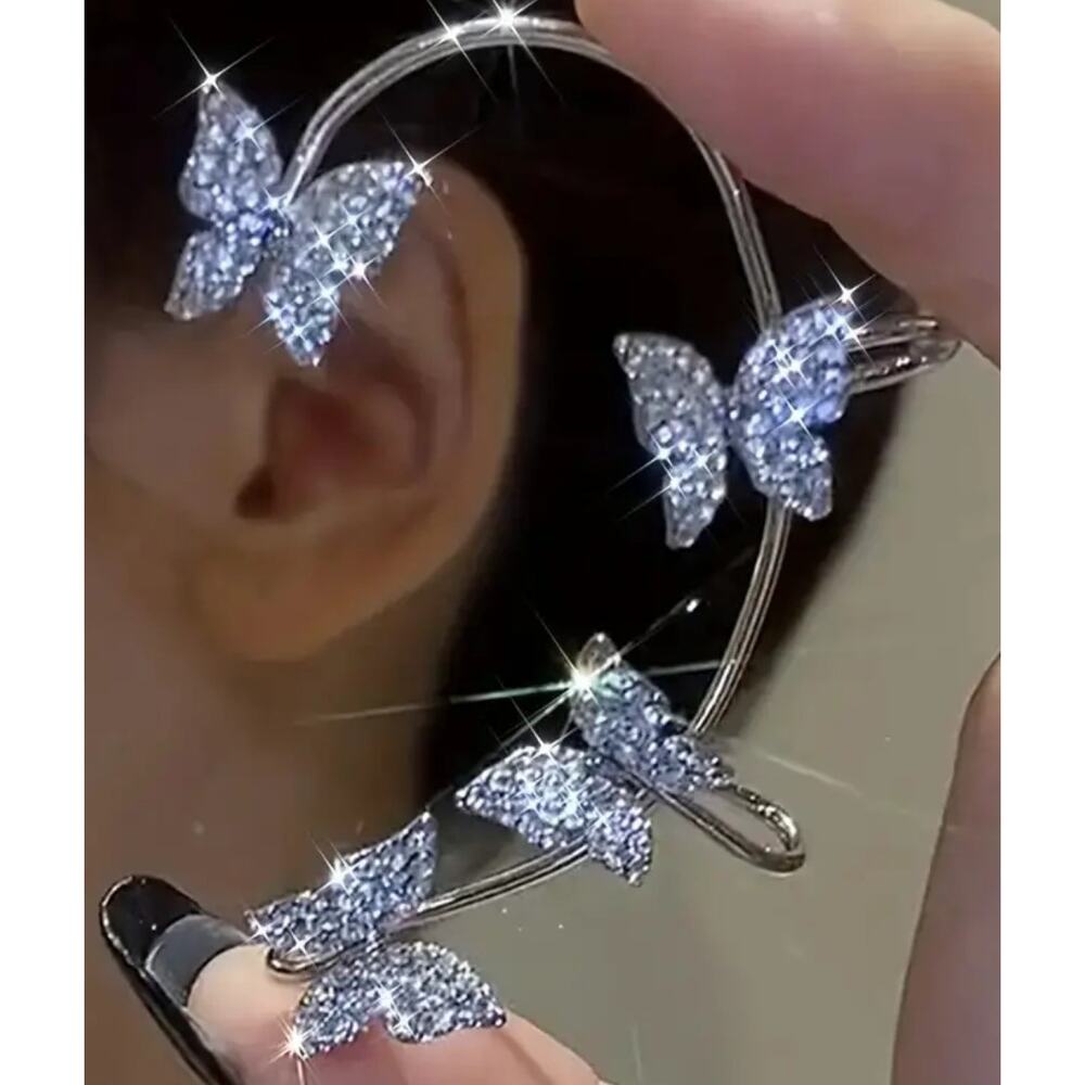 Pair Butterfly Cuff Earring Rhinestone Gold/Silver Metal Fairy Core Nature Elf - Picture 4 of 4